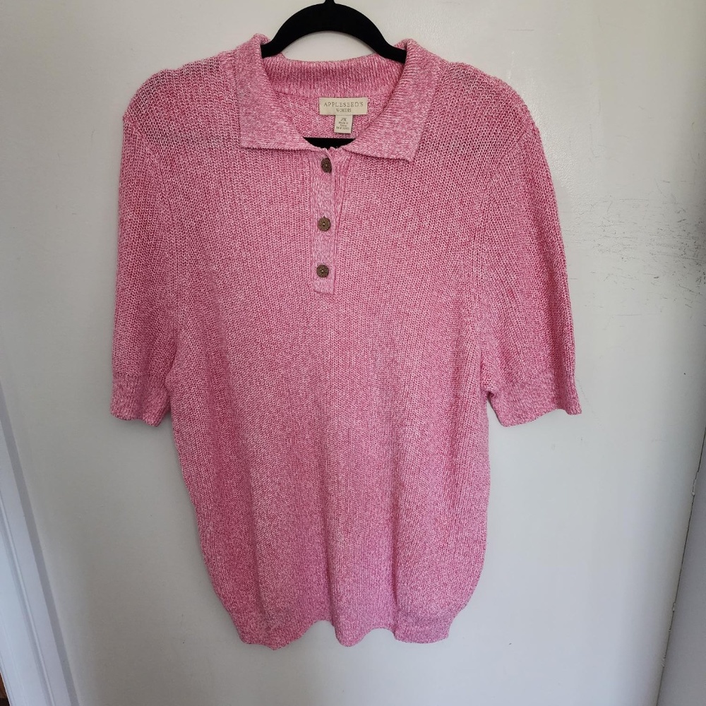 NWT APPLESEED'S WOMENS LINEN BLEND PINK KNIT POLO TOP WOOD BUTTONS - SIZE 2X